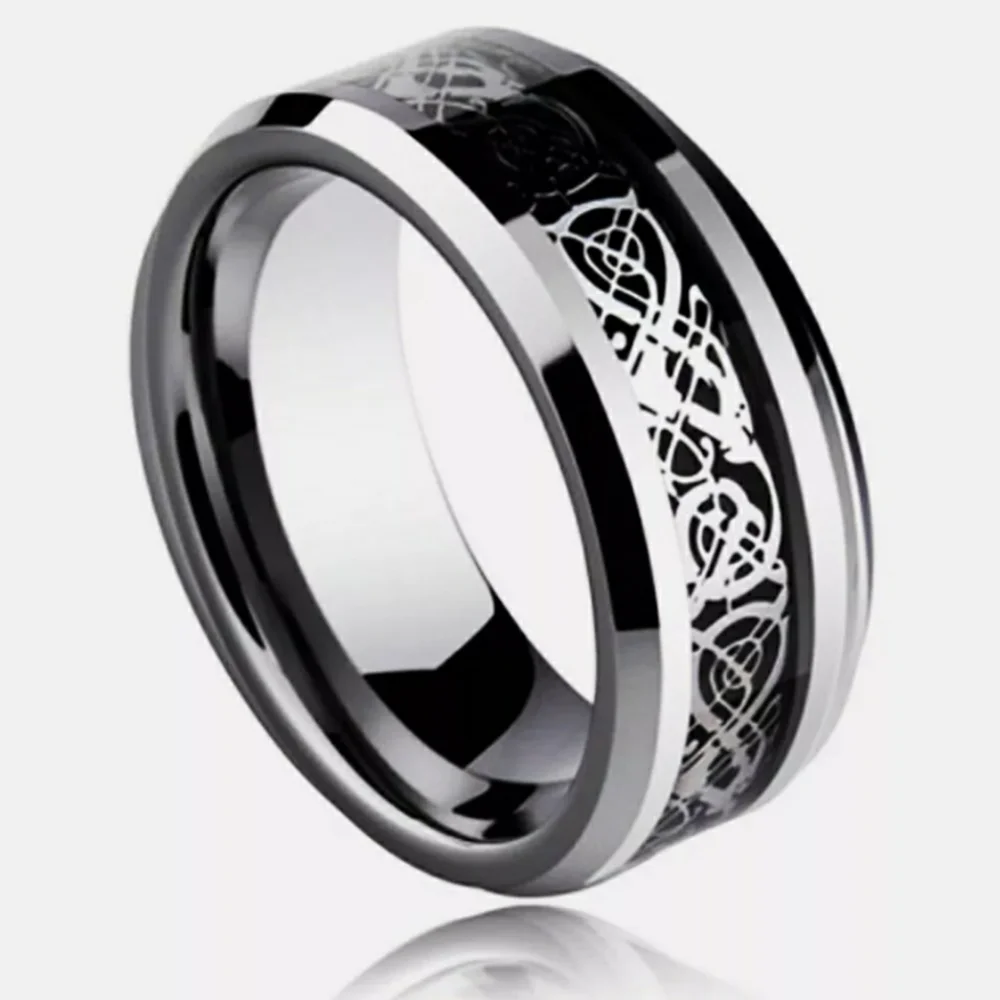 Silver Tungsten Black Dragon Carbon Fiber Inlay 8mm Wide Beveled Edge Band Ring